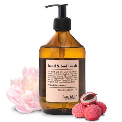 Jean &amp; Len Hand &amp; Body Wash Peony &amp; Lychee, cares the skin while washing, delicate floral fragrance, shower gel &amp; soap, without parabens, silicones &amp; microplastics, vegan, glass bottle 16.91 Fl Oz.