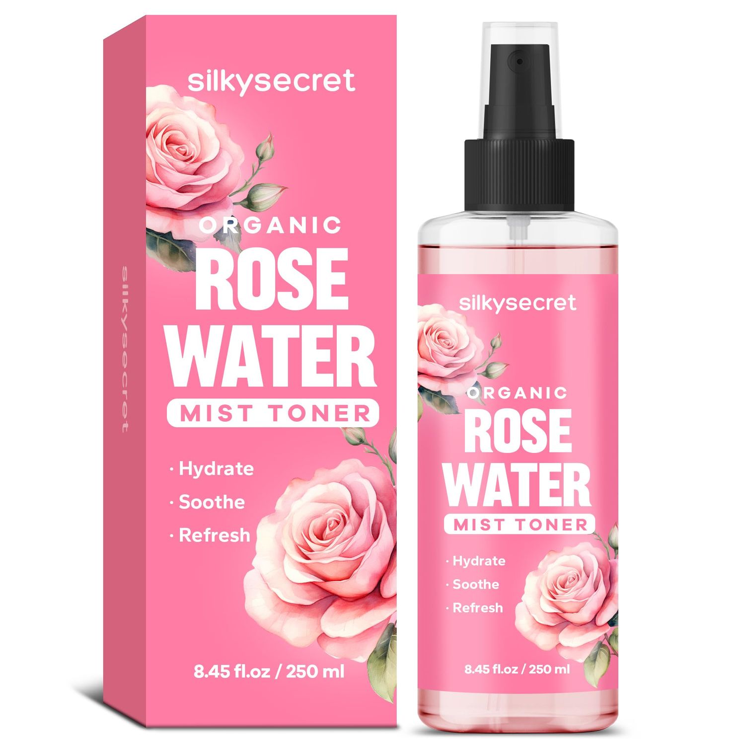 SilkySecret Organic Rose Water Spray (8.45 Fl Oz), Rosewater Spray for Face &amp; Hair, Hydrating Face Mist Toner, Rose Water for Skin Care