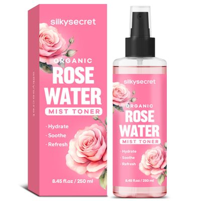 SilkySecret Organic Rose Water Spray (8.45 Fl Oz), Rosewater Spray for Face &amp; Hair, Hydrating Face Mist Toner, Rose Water for Skin Care