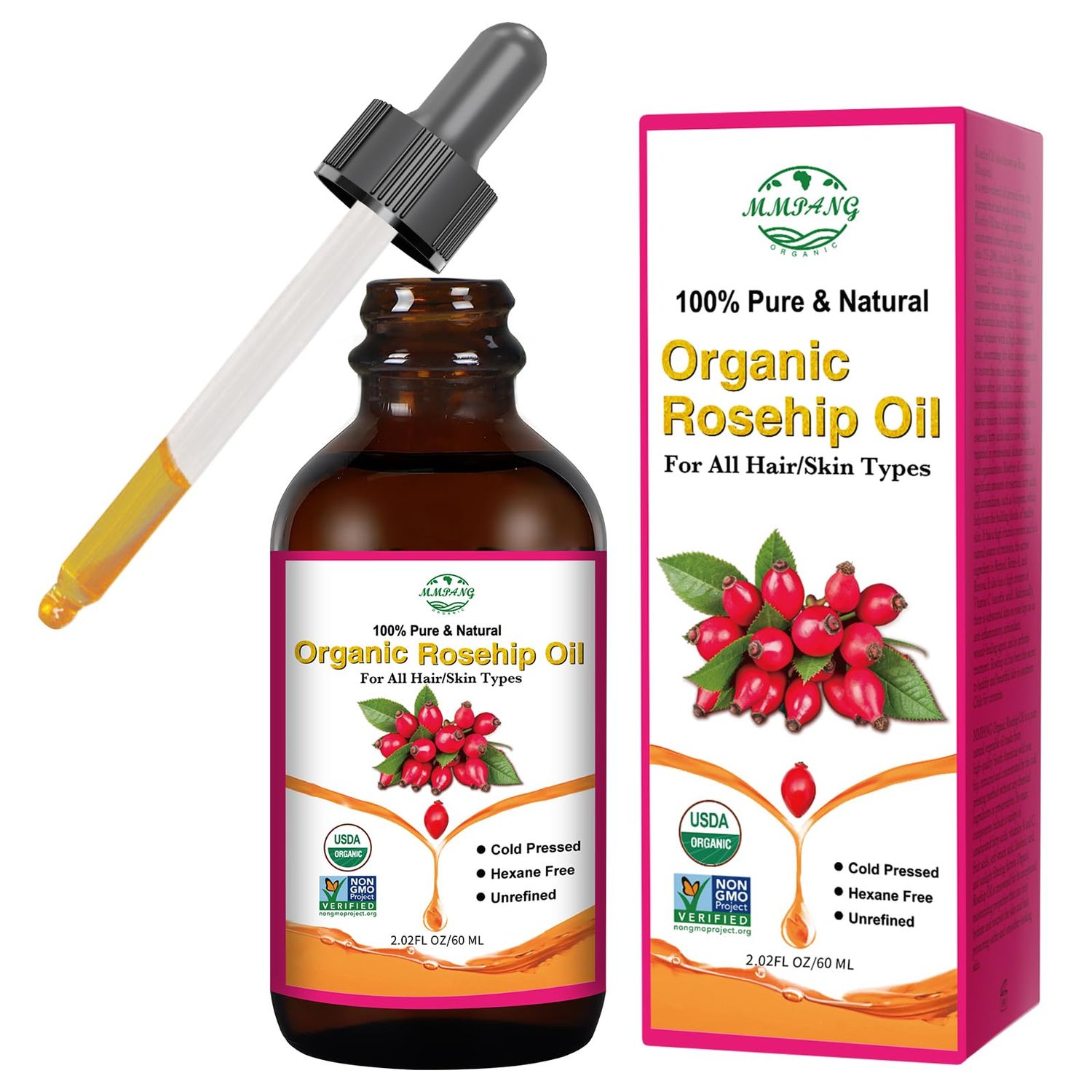 MMPANG Rosehip Seed Oil for Face (2 oz/60 ml) USDA Certified Organic 100% Pure Natural Cold Pressed Unrefined Rosehip Oil for Skin Anti-Aging, Scar, Hair Moisturizer, Gua Sha Massage, Nails