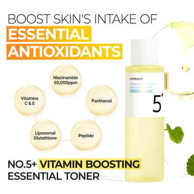 numbuzin No.5+ Vitamin Boosting Essential Toner with Glutathione, Niacinamide | First Step Skincare Reduce Dark Spots, Improve Dullness, Uneven Skin Tone | Non-irritating, Korean Skincare | 6.76 Fl Oz