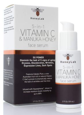 HoneyLab Vitamin C Face Serum with Hyaluronic Acid, Manuka Honey and peptides. Anti-aging serum contains Marine extracts that soften the look of dark spots, wrinkles and fine lines. 2oz bottle.