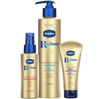 Vaseline Radiant X Skin Care Set - Even Tone Nourishing Body Lotion with 1% Niacinamide &amp; Hydrating Body Oil with 1% Lipids + Deep Nourishment Hand Butter with 100% Pure Shea Butter (3 Piece Set)