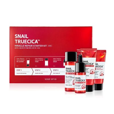 SOME BY MI Snail Truecica Miracle Repair Starter Kit/Toner 1.01Oz, Serum 0.33Oz, Gel Cleanser 1.01Oz, Cream 0.67Oz / Damaged Skin Solution for Sensitive Skin/Facial Skin Care Set