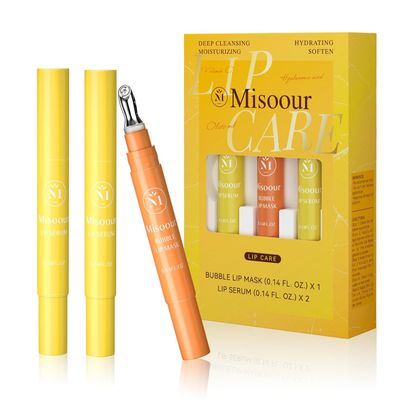 Misoour Lip Balm Set with Hyaluronic Acid- Lip Moisturizer with Vitamin C and Squalane, Lip Mask for Hydrating and Nourishing, Bubble cleansing lip Gel x 1 and Lip Serum x 2 (0.14 floz Pack of 3)