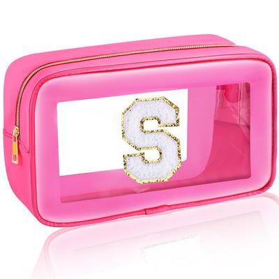 URSKYTOUS Initial Clear Makeup Bag Large Travel Toiletry Bag Personalized Preppy Cosmetic Bag Chenille Letter Makeup Pouch Portable Cute Waterproof Zipper Skincare Storage Bag Organizer for Women S