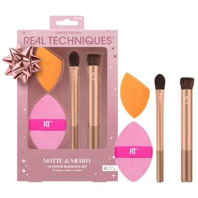 Real Techniques Matte &amp; Merry Ultimate Blending 4 Piece Holiday Gift Set, Foundation Makeup Sponge, Dual-Sided Powder Puff, &amp; 2 Makeup Brushes, Kitten Paw Brush, Stocking Stuffer, Limited Edition