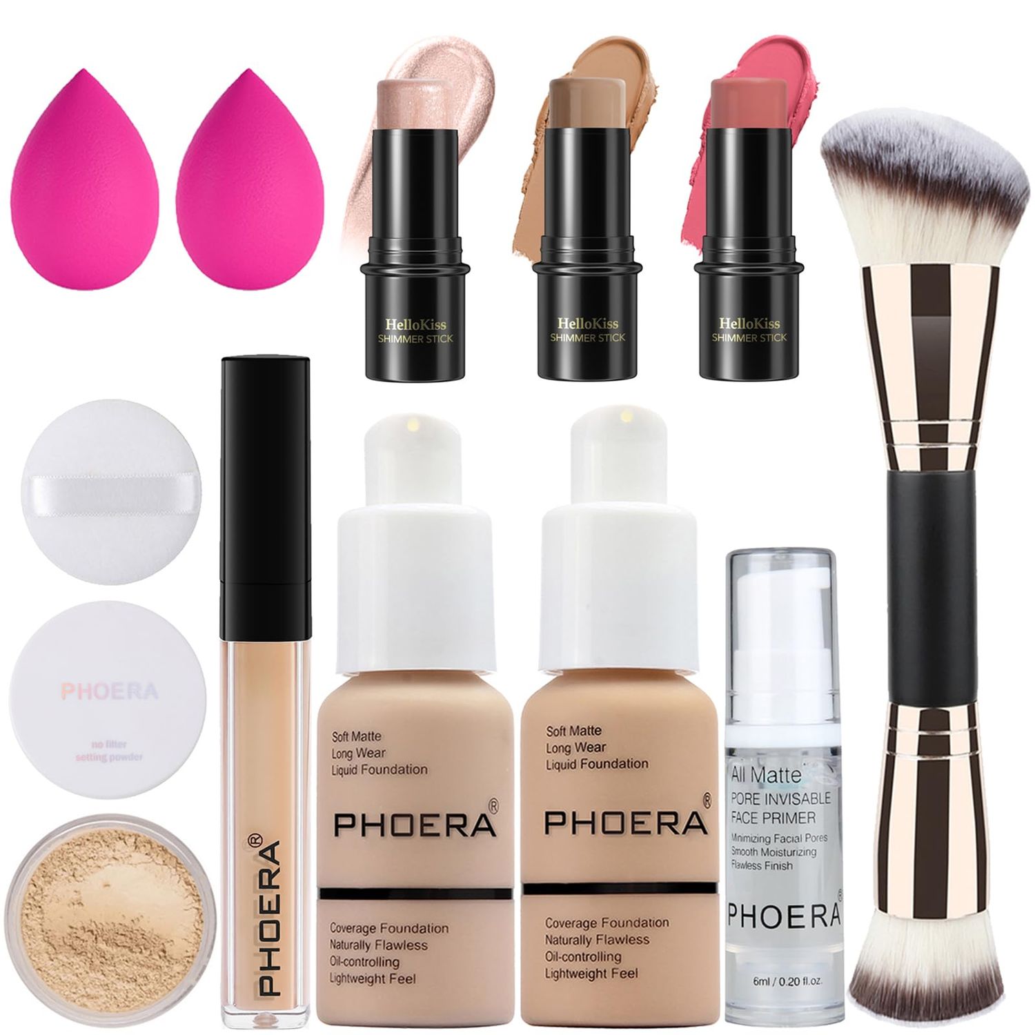 PHOERA Foundation,3 PCS Contour Stick Makeup Kit, Shades with Highlighter Stick, Blush Stick and Bronzer Contour Stick for Sculpt the Cheeks (102+104+Fair-Light Contour/Nude+Buff Beige+#03,#09,#12)