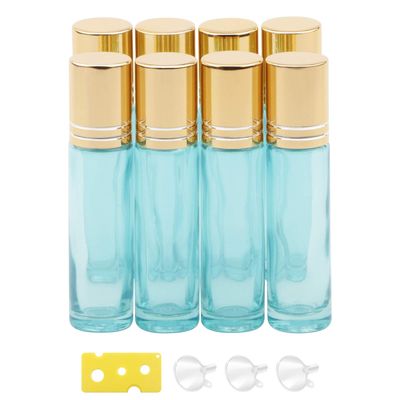 Newzoll 8Pcs 10ml (1/3oz) Essential Oil Roller Bottles, Pearl Blue Refillable Roll on Bottles Vials Containers for Skincare Cosmetic Aromatherapy Perfume, Gold Cap