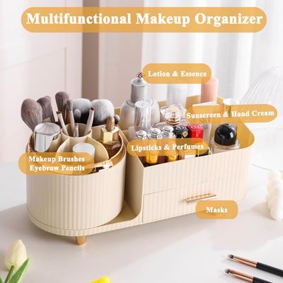 Zufudo Makeup Organizer Countertop with Drawer 360 Rotating Brush Holder Storage Large Capacity Skincare Cosmetic Display Cases for Vanity Bathroom Desktop, Model 3016 Cream