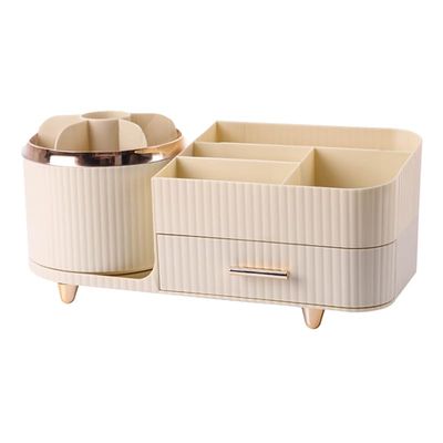 Zufudo Makeup Organizer Countertop with Drawer 360 Rotating Brush Holder Storage Large Capacity Skincare Cosmetic Display Cases for Vanity Bathroom Desktop, Model 3016 Cream