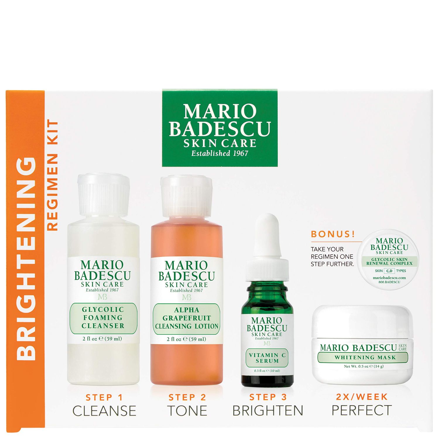 Mario Badescu The Brightening Kit, 5 Piece Kit With Glycolic Foaming Cleanser, Alpha Grapefruit Cleansing Lotion, Vitamin C Serum, Whitening Mask &amp; Glycolic Skin Renewal Complex