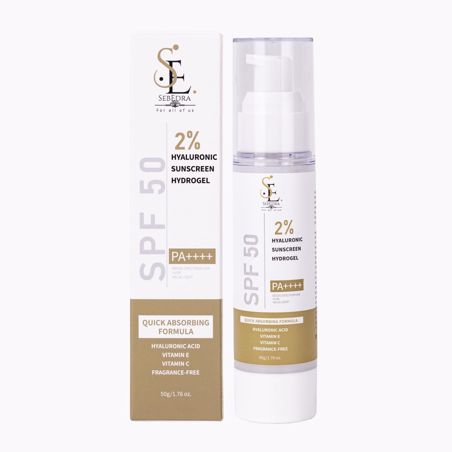 SebEdra 2% Hyaluronic Sunscreen Gel SPF 50 - Non-Greasy, Fragrance-Free, Vitamin C &amp; E, Best Glow Protection for All Skin Types