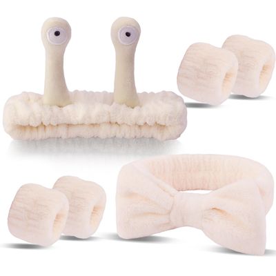 SuPoo Face Wash Headband and Wristband Snail Makeup Headband Coral Fleece Skincare Spa Headbands for Washing Face Cute Puffy Wrist Bands for Women Preppy Teen Girl Trendy Stuff Hair Accessories