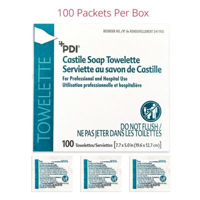 PDI Castile Soap Towelettes, Face and Hand Cleansing, 100 Individually Wrapped Wipes Per Box