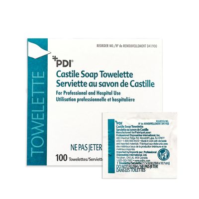 PDI Castile Soap Towelettes, Face and Hand Cleansing, 100 Individually Wrapped Wipes Per Box