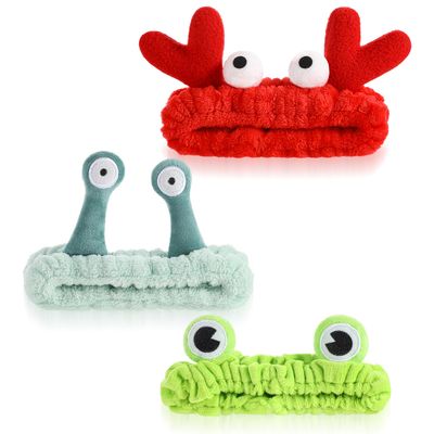 LLOUSSAK 3Pcs Face Wash Headband Cute, Soft Spa Headband Coral Fleece Hairband for Washing Face, Elastic Snail Frog Crab Makeup Headbands for Women, Cartoon Fun Hair Accessories for Skincare Shower