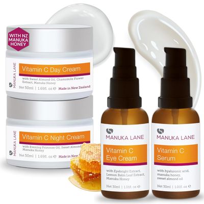 Vitamin C Complete Skin Care Regimen | Includes (1) Day Cream, (1) Night Cream, (1) Face Serum, (1) Eye Cream | Powerful, Safely Derived, and Natural Ingredients