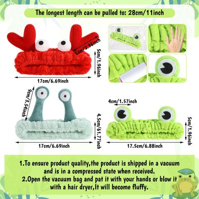 LLOUSSAK 3Pcs Face Wash Headband Cute, Soft Spa Headband Coral Fleece Hairband for Washing Face, Elastic Snail Frog Crab Makeup Headbands for Women, Cartoon Fun Hair Accessories for Skincare Shower