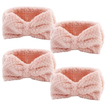 YISSION 4PCS Spa Headband with Bow No Slip Head Band for Face Wash Makeup Skincare Facial Headband Elastic Hair Band Microfiber Headbands for Women Girls (Pink)