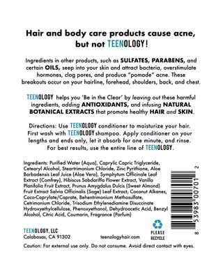 Teenology Conditioner for Teens - Avoid Forehead and Body Acne - Sulfate and Paraben Free, Noncomedogenic, Natural Botanical Extracts, Vanilla Almond - 16 oz.