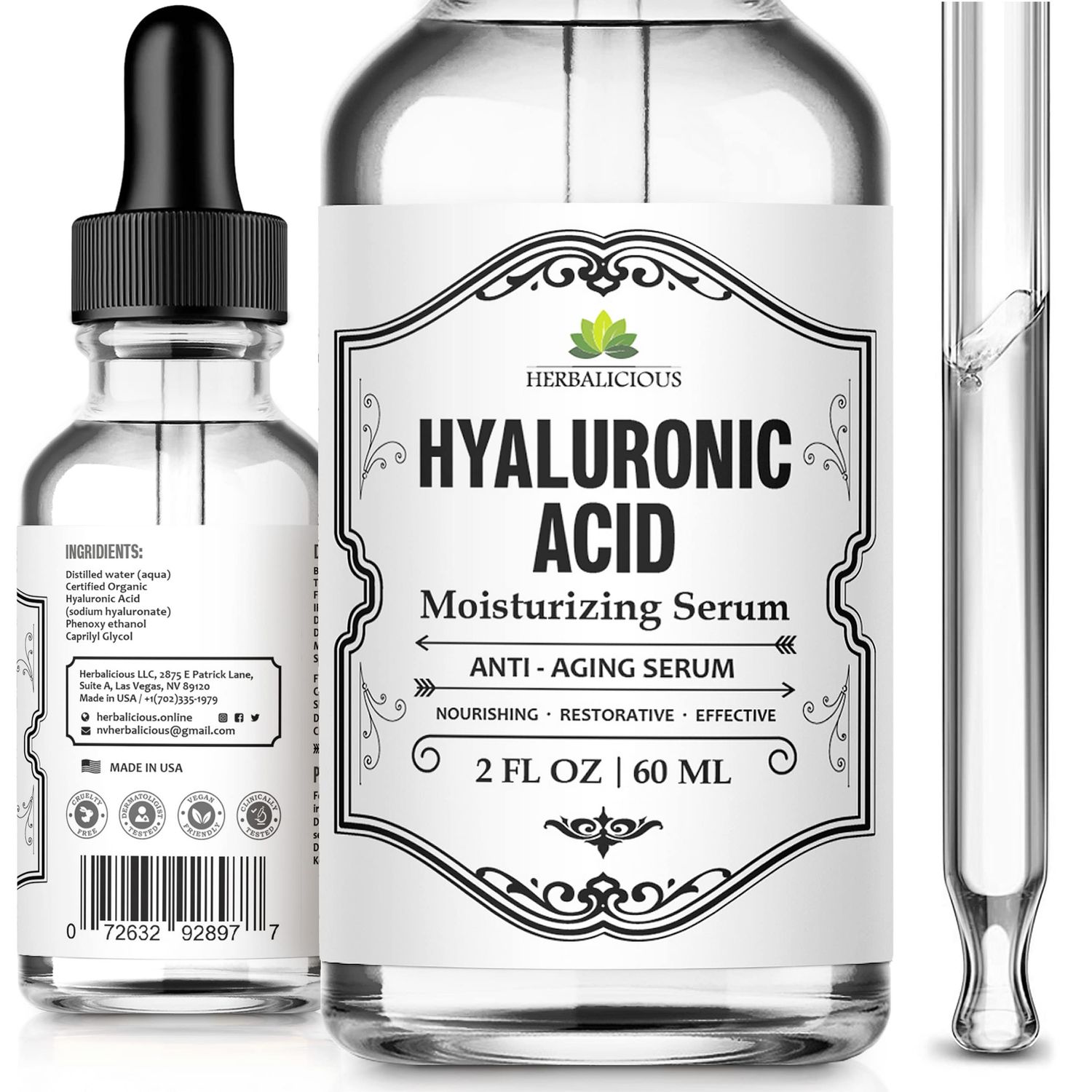 Herbalicious Hyaluronic Acid Serum - Hyaluronic Acid Serum for Face - Paraben-Free Pure Hyaluronic Acid - Moisture Boost Hydrating Serum - Anti-Aging Serum for Fine Lines, Wrinkles - 2oz