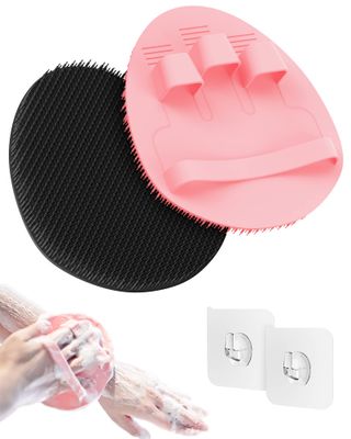 Manmihealth Soft Silicone Shower Brush, Super-Lathering and Deep-Cleaning Body &amp; Face Scrubber, Gentle Exfoliating Bath Glove for All Skin Types, with 2 Free Hooks.(Black + Pink)