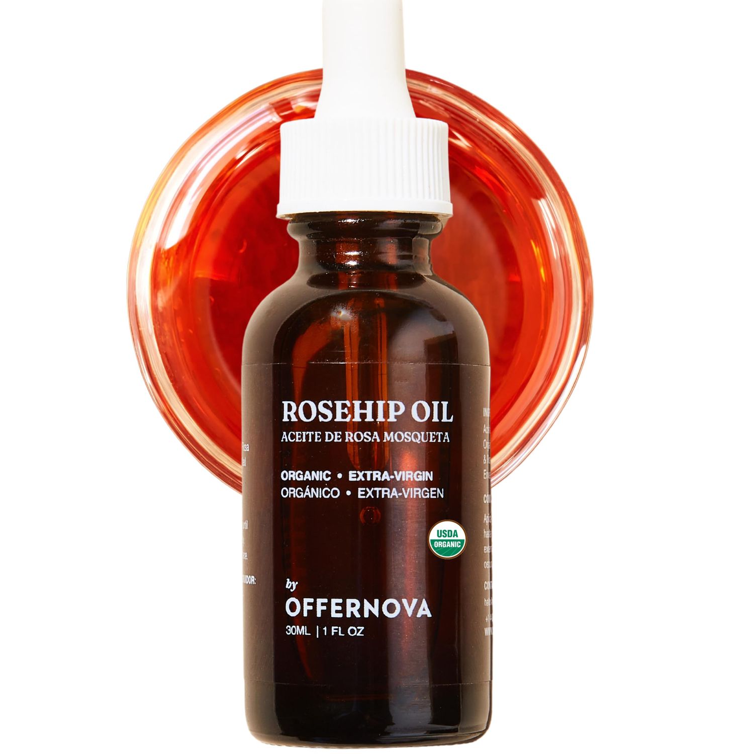 Offernova Organic Rosa de Mosqueta Oil- USDA Certified Rosehip Seed Oil Pure Cold Pressed, Repairs &amp; Brightens Skin - Gua Sha Massage, Face, for All Skin Types - Aceite Facial 1OZ