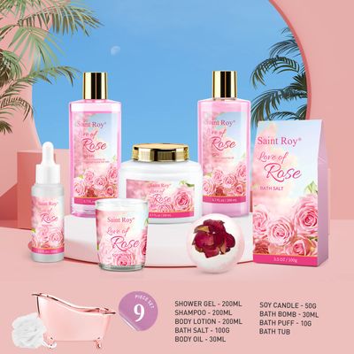 Mother Gift Bath Set for Women, Luxury Home Spa Kit Rose Bath Gift Basket 9Pcs, Includes Shower Gel, Body Lotion, Bath Salts, Bath Bomb, Spa Candle, Relax Bath Puff and More, Christmas Gift for Her