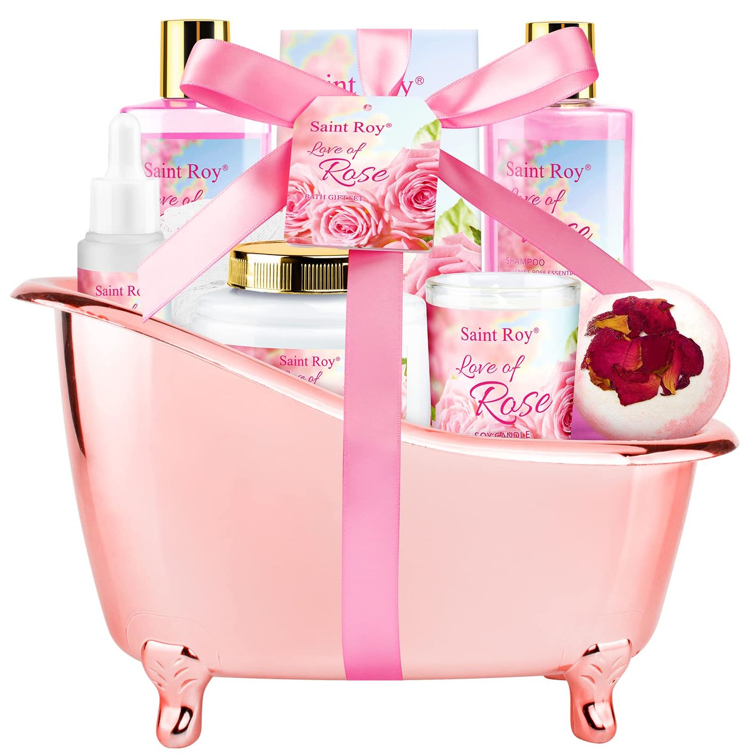 Mother Gift Bath Set for Women, Luxury Home Spa Kit Rose Bath Gift Basket 9Pcs, Includes Shower Gel, Body Lotion, Bath Salts, Bath Bomb, Spa Candle, Relax Bath Puff and More, Christmas Gift for Her