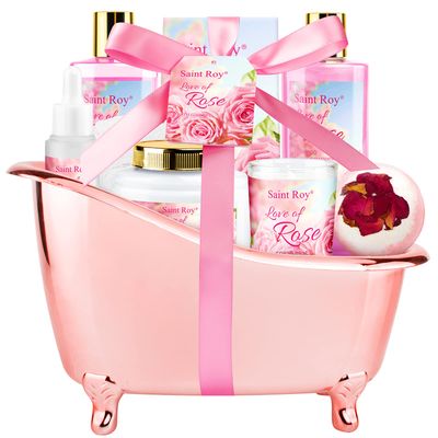 Mother Gift Bath Set for Women, Luxury Home Spa Kit Rose Bath Gift Basket 9Pcs, Includes Shower Gel, Body Lotion, Bath Salts, Bath Bomb, Spa Candle, Relax Bath Puff and More, Christmas Gift for Her