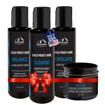 Mountaineer Brand Bald Head Care Gifts For Bald Men | All Natural 4 Step Daily Skin Care for Healthy Scalp &amp; Face | Exfoliate Scrub | Cleanse Wash | Shine Away PH Balance | Protect Moisturizing Balm
