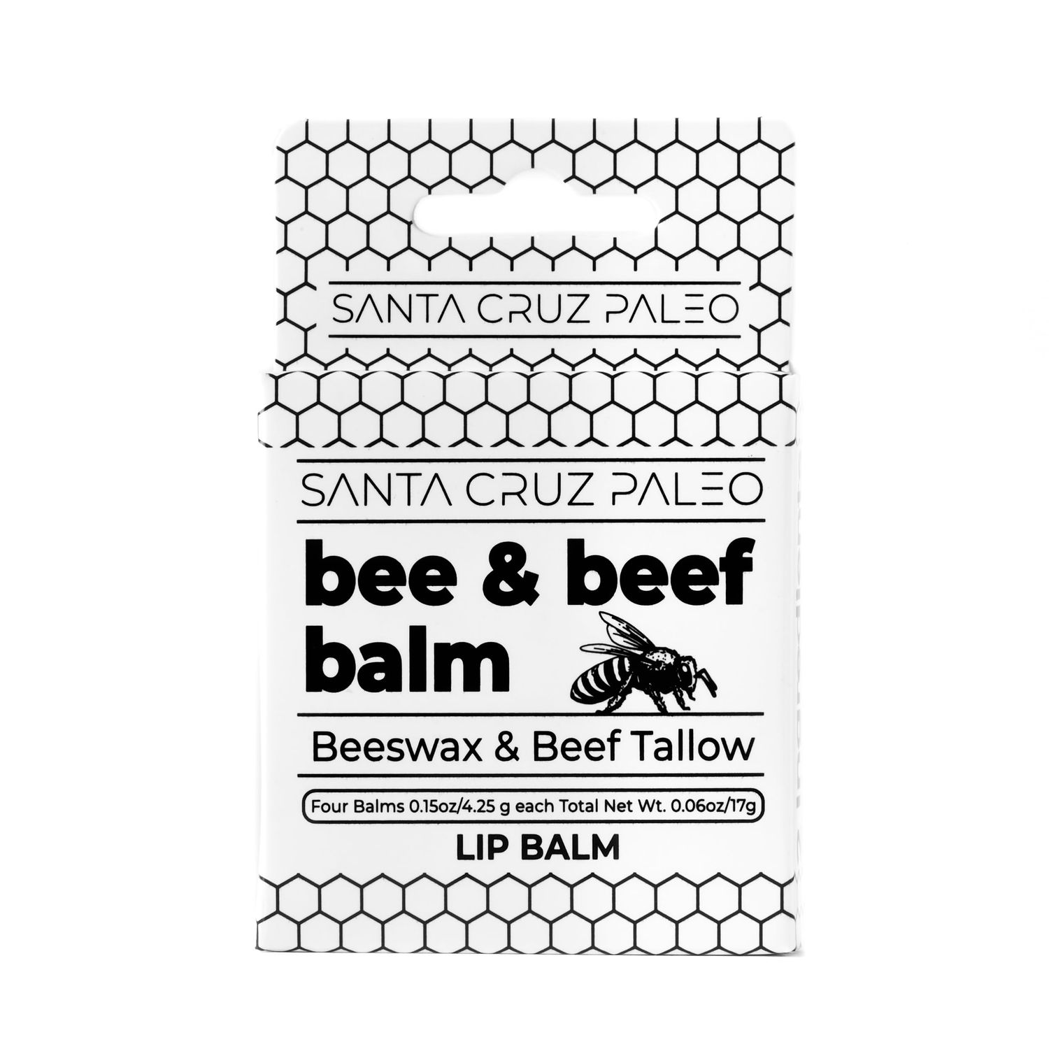 Santa Cruz Paleo Grass Fed Beef Tallow &amp; Beeswax Lip Balm, 4 Pack, Beef Tallow for Skin Care Moisturizer, Lip Care for Dry Chapped Lips, Hypoallergenic for Sensitive Skin, Long Lasting &amp; Vitamin Rich
