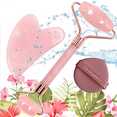 YINPINGDM Rose Face Roller, Gua Sha Facial Tools, Natural Beauty Skin Care and Sculpting Set, Facial Maasage to Reduce Puffiness and Improve Wrinkles for Neck &amp; EyesPowder Puff-Dual-Sided