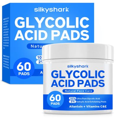 SilkyShark Glycolic Acid Resurfacing Pads (60 Count), 10% Ultra Pure Glycolic Acid + 2% Salicylic Acid, Exfoliating Peel Pads for Face, Effective Chemical Peel, Radiant Skin Renewal