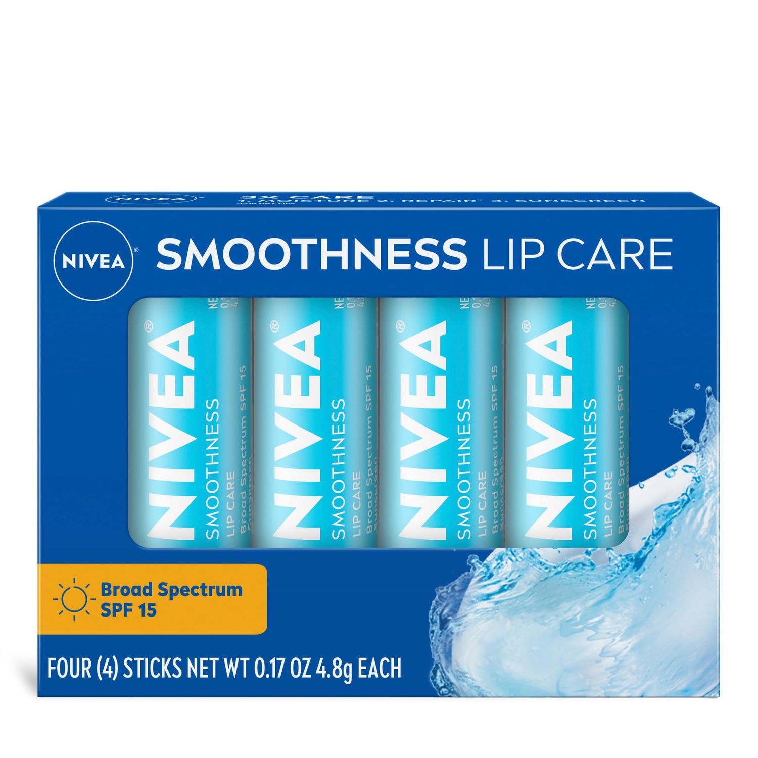 NIVEA Smoothness Lip Care SPF 15, Lip Balm SPF Stick, 0.17 Oz, Pack of 4