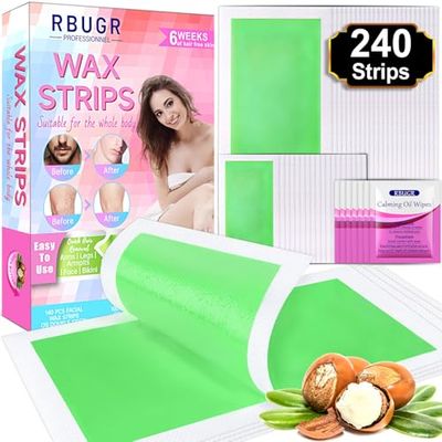 RBUGR Wax Strips for Hair Removal, Waxing Strips for Women(140 Face Wax Strips+100 Body Wax Strips+10 Calming Oil Wipes), Hypoallergenic Wax Strips for Face, Legs, Bikini, Underarm, Arms