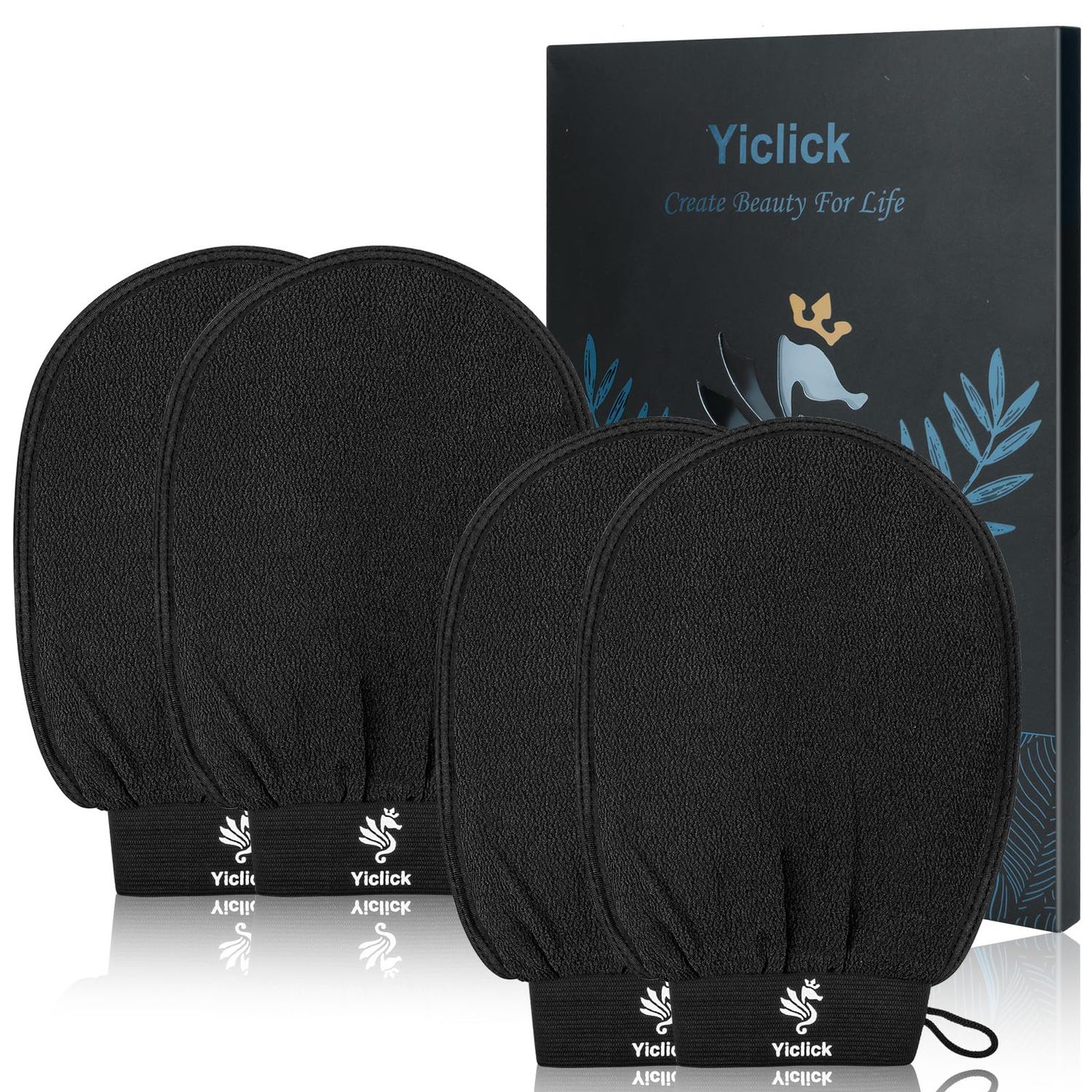 Yiclick Heavy Exfoliating Gloves, Exfoliating Body Scrubber for Bath Shower Exfoliation, Body Scrub Exfoliator for Dead Skin Remover, Exfoliate Sponge Loofah Washcloth Mitt Men Women (4Black)