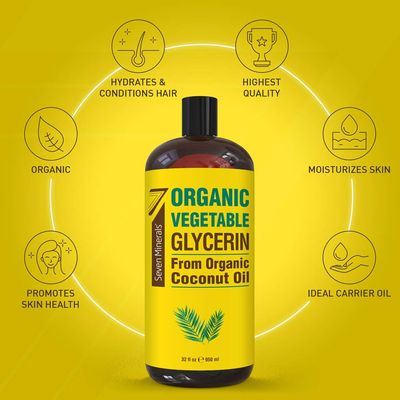 Seven Minerals, Organic Vegetable Glycerin - Big 32 fl oz Bottle - No Palm Oil, Made with Organic Coconut Oil - Therapeutical Grade Glycerine for DIYs - Hair, Nails &amp; Skin Moisturizer - Non-Gmo