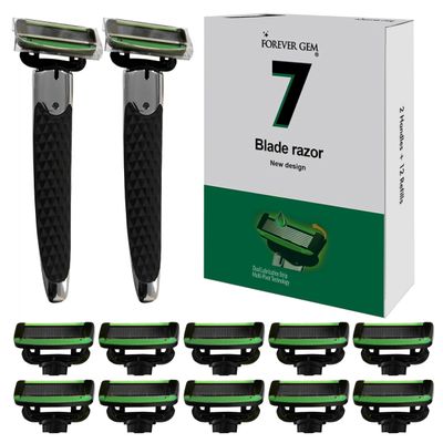 Razors for Men - 7 Blade Razors for Men Sensitive Skin - Shaving Kit for Men Includes 2 Rubber Handles &amp; 14 Cartridges with Lubricating Strip - Shaving Razor with 2 Handles &amp; 14 Razor Blade Refills