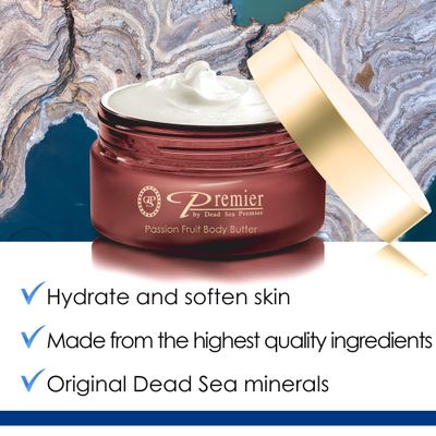 Premier Dead Sea Aromatic Body Butter- Passion Fruit, anti aging skin care, moisturizer, hydrating shea butter, stretch mark cream, firming, age spots, neck &amp; Dcollet, lightweight &amp; silky, 5.95Fl.oz