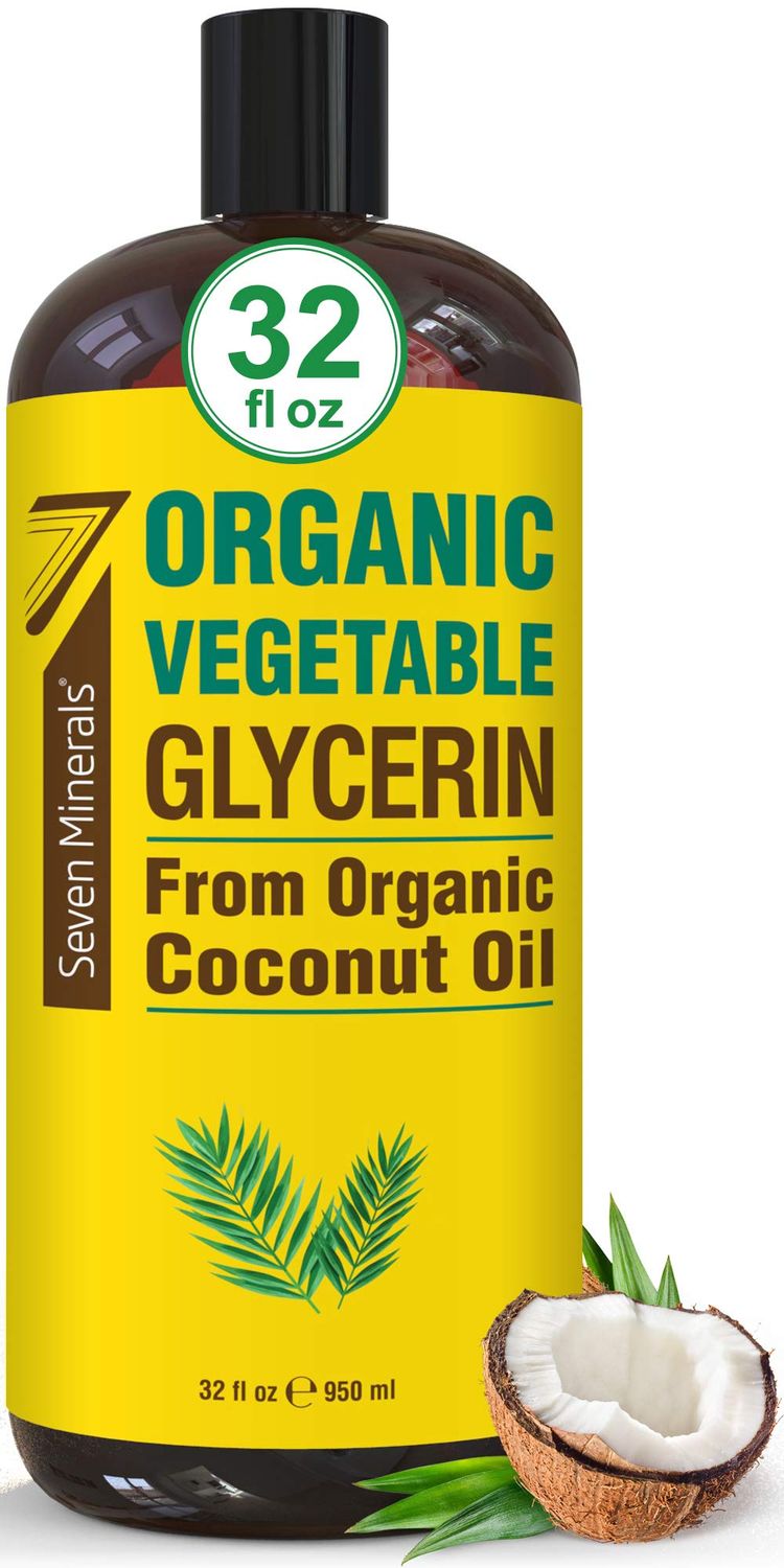 Seven Minerals, Organic Vegetable Glycerin - Big 32 fl oz Bottle - No Palm Oil, Made with Organic Coconut Oil - Therapeutical Grade Glycerine for DIYs - Hair, Nails &amp; Skin Moisturizer - Non-Gmo