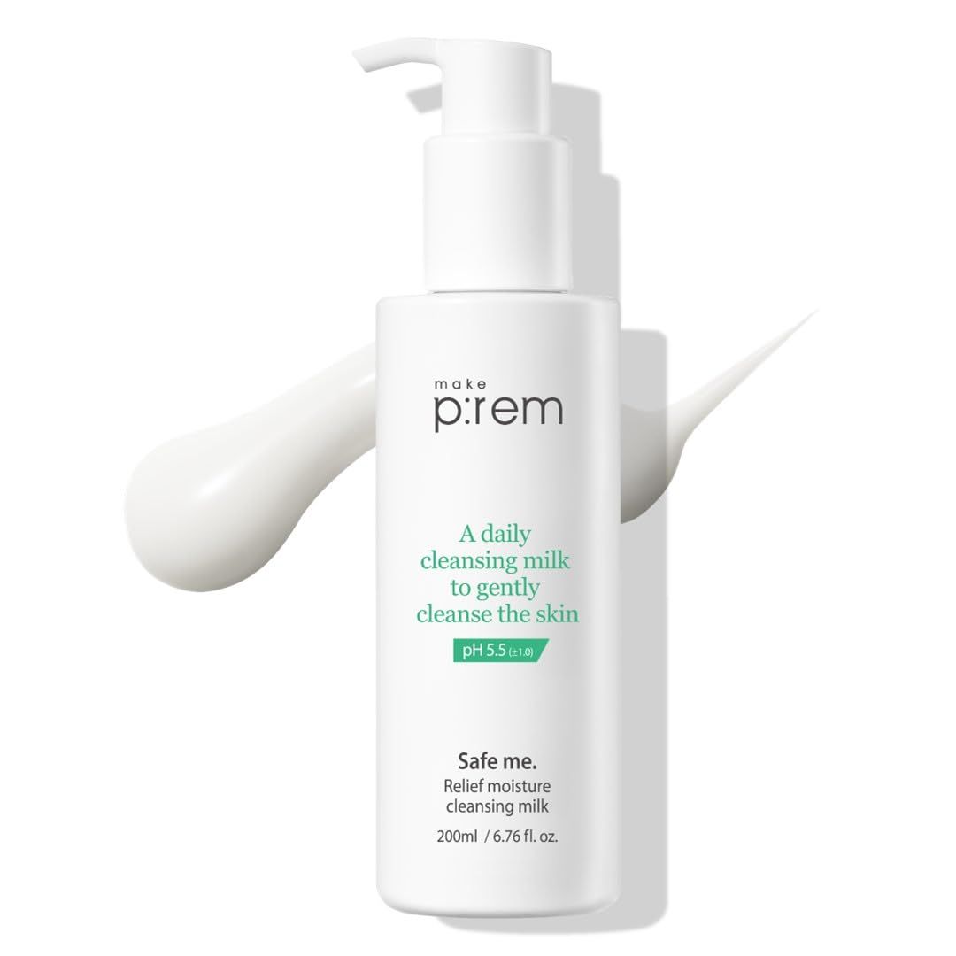 MAKEPREM Safe Me Relief Moisture Cleansing Milk 6.76 Fl Oz Sub-Acid pH 5.5 Mild Makeup Remover Gentle Milk Cleanser Dry Sensitive Acne-Prone Skin Moisturizing Age Defying No Chemicals Non-Irritating