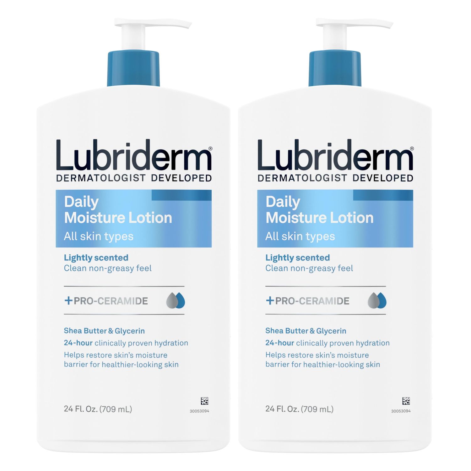 Lubriderm Daily Moisture Lotion + Pro-Ceramide with Shea Butter &amp; Glycerin Helps Moisturize Dry Skin, Hydrating Face, Hand &amp; Body Lotion, Light Scent, Non-Greasy, Twin Pack, 24 fl. oz, 2 Pack