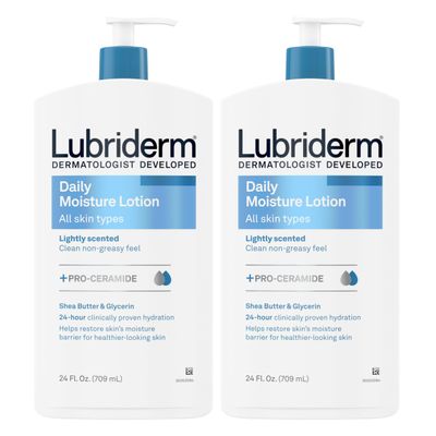 Lubriderm Daily Moisture Lotion + Pro-Ceramide with Shea Butter &amp; Glycerin Helps Moisturize Dry Skin, Hydrating Face, Hand &amp; Body Lotion, Light Scent, Non-Greasy, Twin Pack, 24 fl. oz, 2 Pack