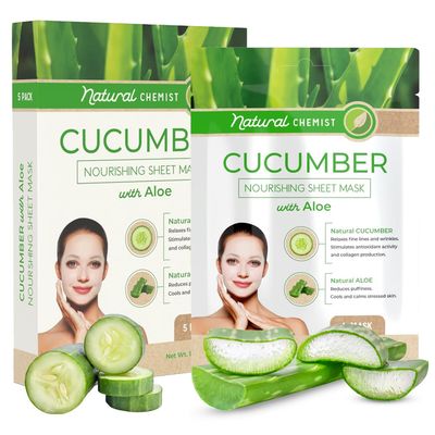 Natural Chemist Cucumber &amp; Aloe Sheet Face Mask - Calms &amp; Moisturizes, Reduces Puffiness, Hydrates, Soothes, Dermatologist Tested, Cruelty Free Korean Skin Care For All Skin Types - 5 Masks