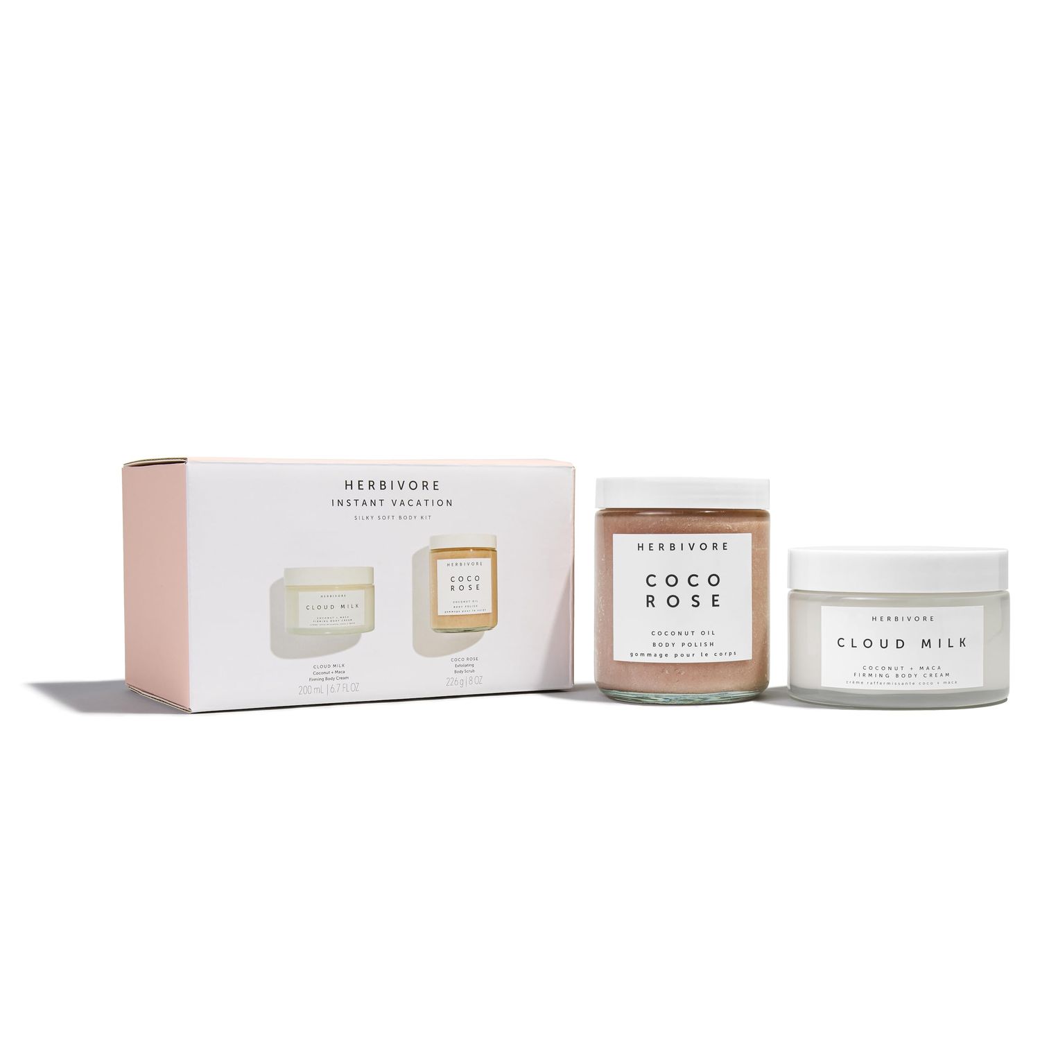 HERBIVORE Instant Vacation Silky Soft Body Gift Set | Coco Rose Coconut Oil Body Polish &amp; Cloud Milk Coconut + Maca Firming Body Cream, Plant Based, Vegan, Cruelty Free