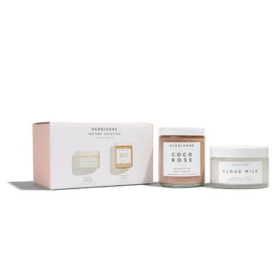 HERBIVORE Instant Vacation Silky Soft Body Gift Set | Coco Rose Coconut Oil Body Polish &amp; Cloud Milk Coconut + Maca Firming Body Cream, Plant Based, Vegan, Cruelty Free