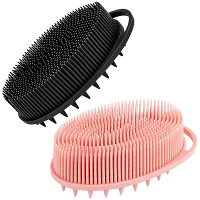 ONLYFU 2PCS Silicone Loofah for Body Wash, 2 in 1 Exfoliating and Massaging Hair Body Scrubber, Skin-Friendly Scalp Massager (Black and Pink)