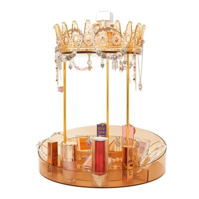 VNIMTI Rotating Vanity Makeup Organizer, 2 Tier Skincare Organizer with Jewelry Organizer, Cosmetic Organizer for Countertop, Makeup Storage Perfume Organizer for Dresser, Counter, Bathroon (Gold)